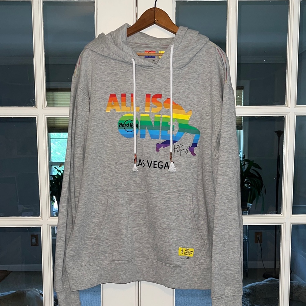Hard Rock Cafe Gray Hoodie with Rainbow Design. All is one.  Freddie Mercury.